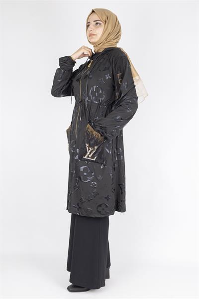 Monogram Çiçek Jakarlı Büzgü Bel Fermuarlı Kap Siyah OTW1006