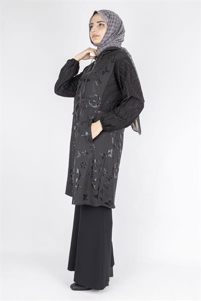 Monogram Çiçek Jakarlı Büzgü Bel Fermuarlı Kap Siyah OTW1002