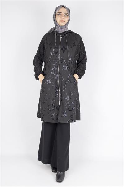 Monogram Çiçek Jakarlı Büzgü Bel Fermuarlı Kap Siyah OTW1002