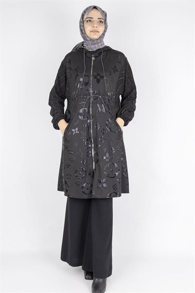 Monogram Çiçek Jakarlı Büzgü Bel Fermuarlı Kap Siyah OTW1002