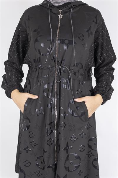 Monogram Çiçek Jakarlı Büzgü Bel Fermuarlı Kap Siyah OTW1002