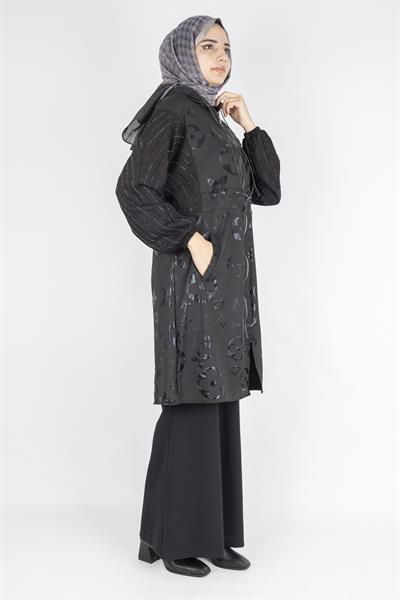 Monogram Çiçek Jakarlı Büzgü Bel Fermuarlı Kap Siyah OTW1002