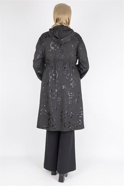 Monogram Çiçek Jakarlı Büzgü Bel Fermuarlı Kap Siyah OTW1006