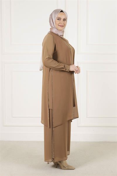 N-Behrem Büyük Beden Abiye Şifon Taşlı Takım Bakır OTW60009