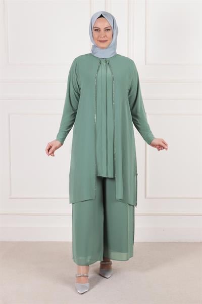 N-Behrem Büyük Beden Abiye Şifon Taşlı Takım Mint OTW60009