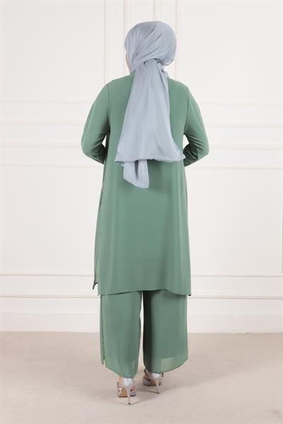N-Behrem Büyük Beden Abiye Şifon Taşlı Takım Mint OTW60009