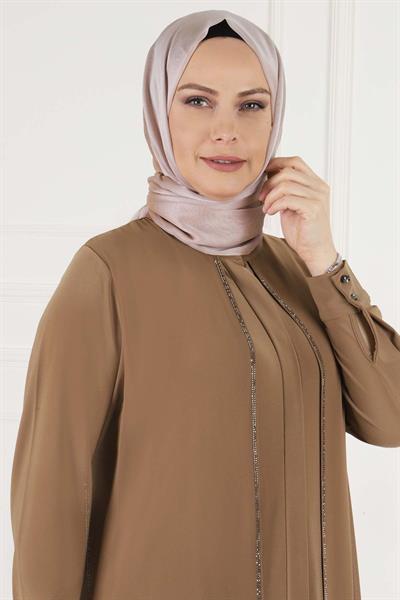 N-Behrem Büyük Beden Abiye Şifon Taşlı Takım Bakır OTW60009