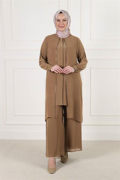 N-Behrem Büyük Beden Abiye Şifon Taşlı Takım Bakır OTW60009
