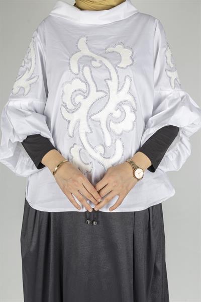 Nakış Detaylı Büyük Beden Poplin Bluz Beyaz OTW5186