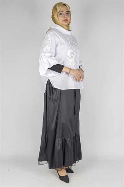 Nakış Detaylı Büyük Beden Poplin Bluz Beyaz OTW5186