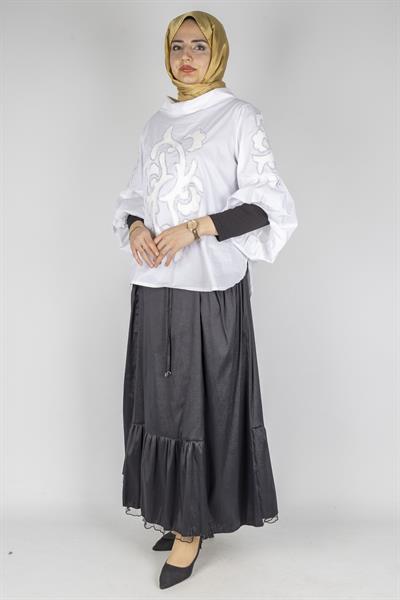 Nakış Detaylı Büyük Beden Poplin Bluz Beyaz OTW5186