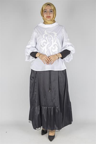 Nakış Detaylı Büyük Beden Poplin Bluz Beyaz OTW5186