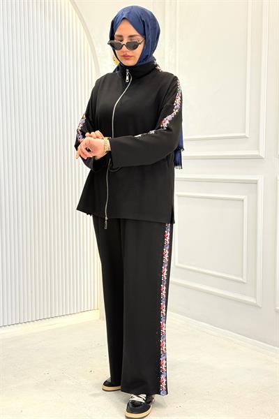 Nakış Detaylı Fermuarlı Büyük Beden Tesettür Takım Siyah OTW7904-1