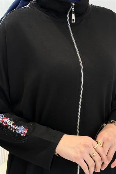 Nakış Detaylı Fermuarlı Büyük Beden Tesettür Takım Siyah OTW7904-1