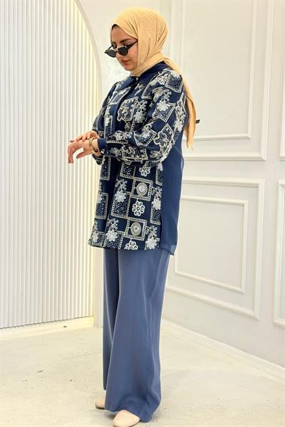 Nakış Detaylı Tesettür Takım Büyük Beden İndigo OTW46807
