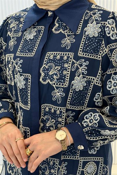 Nakış Detaylı Tesettür Takım Büyük Beden İndigo OTW46807