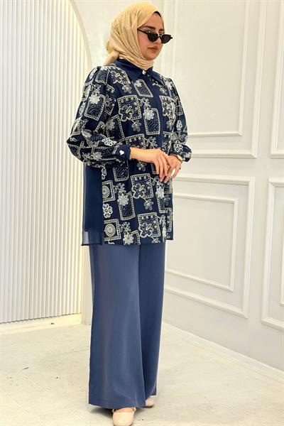 Nakış Detaylı Tesettür Takım Büyük Beden İndigo OTW46807