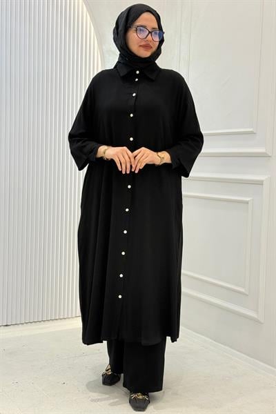 Nakış Detaylı Uzun Gömlek Elbise Siyah OTW1259