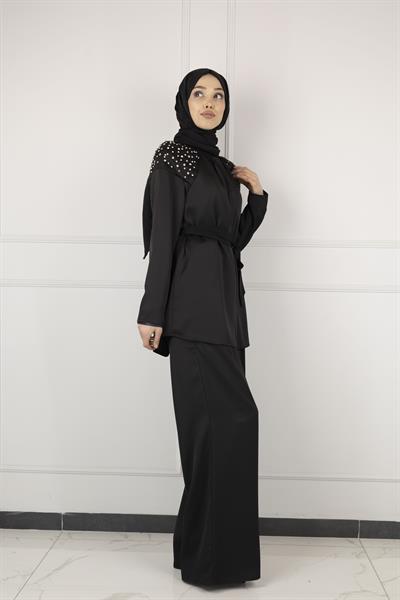 OMUZLARI TAŞ DETAYLI PANTOLONLU TAKIM Siyah OTW8481