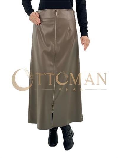 Ön Kısmı Fermuar Detaylı Deri Etek Vizon OTW5417