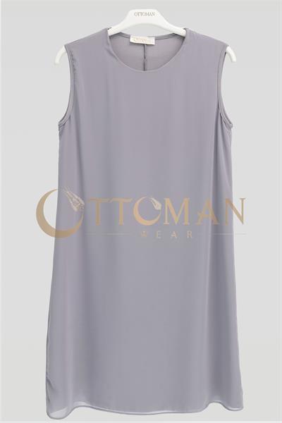 Önü Şifon Detaylı Pamuk Penye İçlik Tunik Gri OTW2176