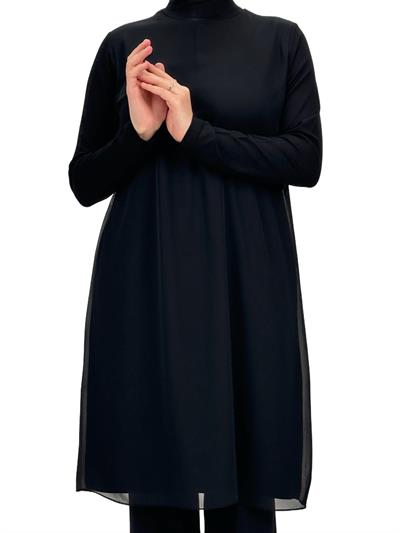 Önü Şifon Detaylı Penye Uzun Kollu İçlik  Siyah OTW8832