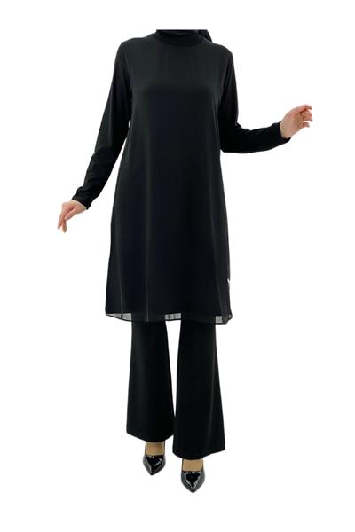 Önü Şifon Detaylı Penye Uzun Kollu İçlik  Siyah OTW8832