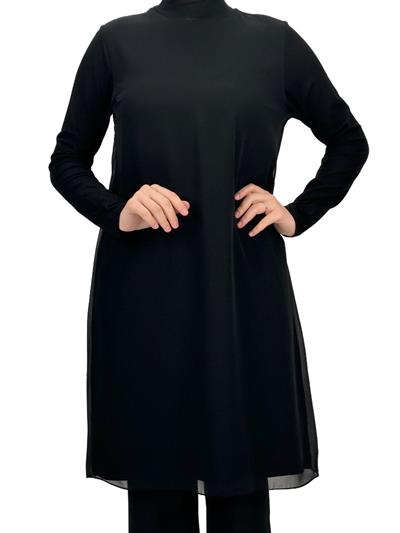 Önü Şifon Detaylı Penye Uzun Kollu İçlik  Siyah OTW8832