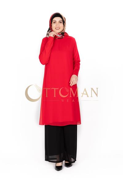 Önü Şifon Detaylı Penye Uzun Kollu İçlik  Kırmızı OTW8832