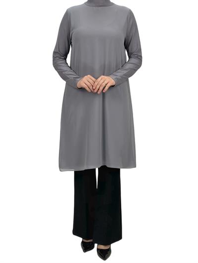 Önü Şifon Detaylı Penye Uzun Kollu İçlik  Gri OTW8832