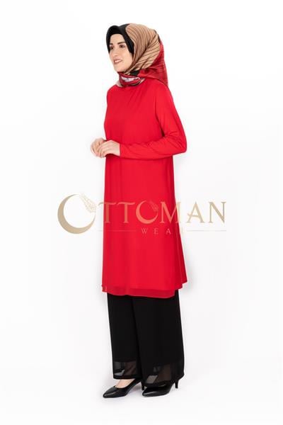 Önü Şifon Detaylı Penye Uzun Kollu İçlik  Kırmızı OTW8832