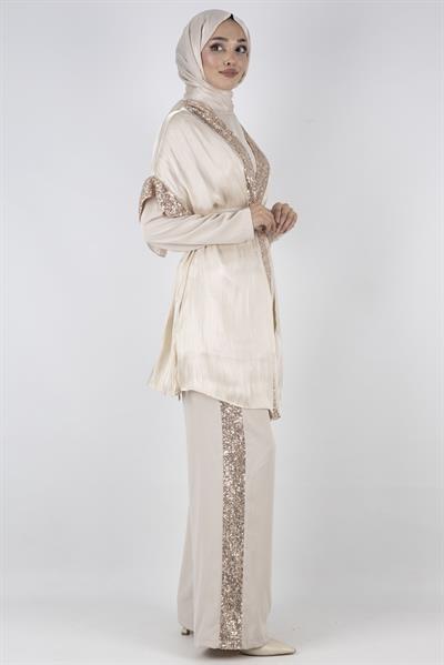 Organze Yelekli Üçlü Takım Bej OTW8422