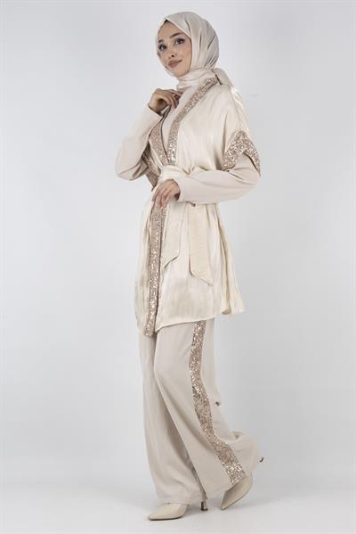 Organze Yelekli Üçlü Takım Bej OTW8422