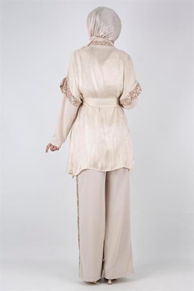 Organze Yelekli Üçlü Takım Bej OTW8422