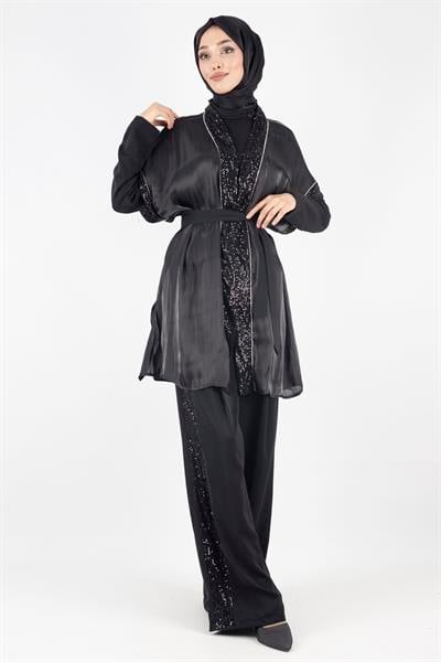 Organze Yelekli Üçlü Takım Siyah OTW8422