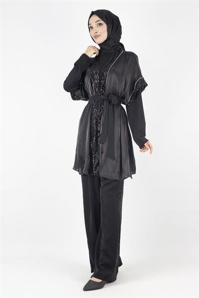 Organze Yelekli Üçlü Takım Siyah OTW8422