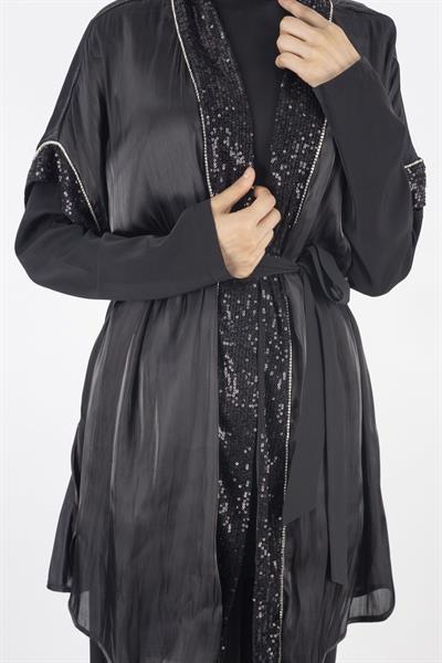 Organze Yelekli Üçlü Takım Siyah OTW8422