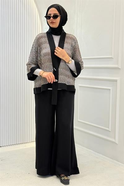 Örgü Desenli Şal Yaka Ceketli Pantolonlu Üçlü Takım Siyah OTW46801
