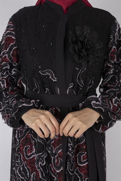 Orhan Store Abaya Takım Siyah-Bordo OTW2682