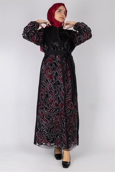 Orhan Store Abaya Takım Siyah-Bordo OTW2682