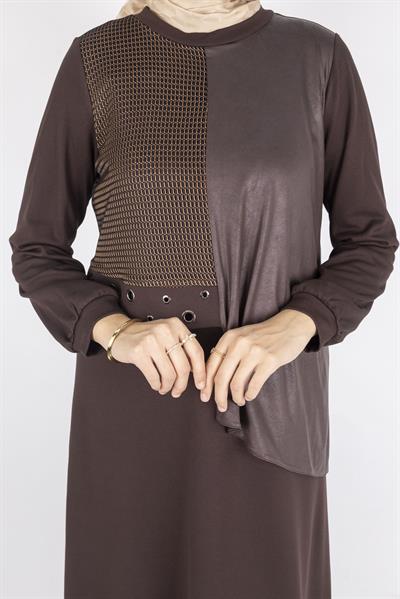 Orhan Store Asimetrik Detaylı Metal Aksesuarlı Tesettür Elbise Kahve OTW1745