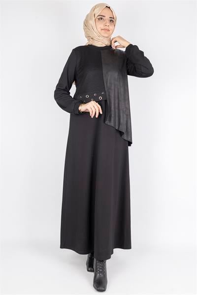 Orhan Store Asimetrik Detaylı Metal Aksesuarlı Tesettür Elbise Siyah OTW1745