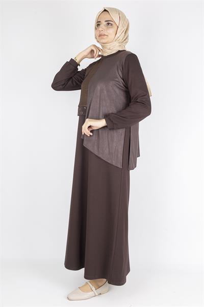 Orhan Store Asimetrik Detaylı Metal Aksesuarlı Tesettür Elbise Kahve OTW1745