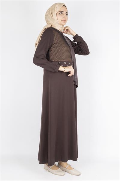 Orhan Store Asimetrik Detaylı Metal Aksesuarlı Tesettür Elbise Kahve OTW1745