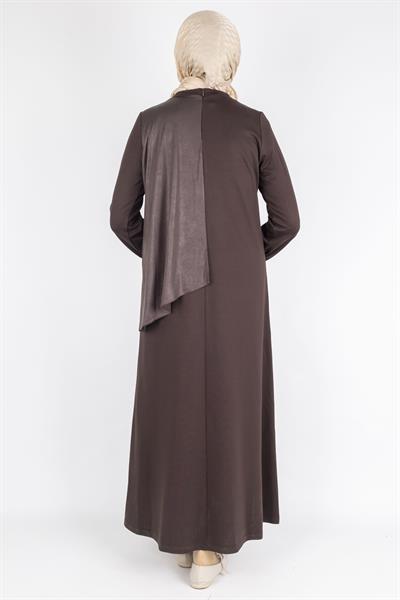 Orhan Store Asimetrik Detaylı Metal Aksesuarlı Tesettür Elbise Kahve OTW1745
