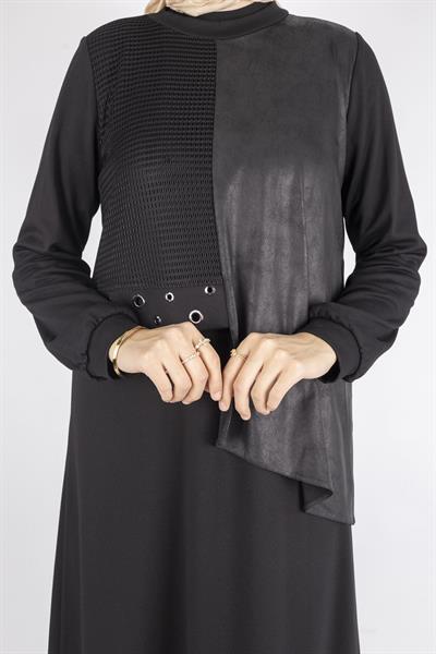 Orhan Store Asimetrik Detaylı Metal Aksesuarlı Tesettür Elbise Siyah OTW1745