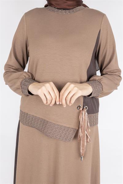 Orhan Store  Bağlamalı Kurdele Detaylı Tesettür Etekli Takım  Vizon OTW2644