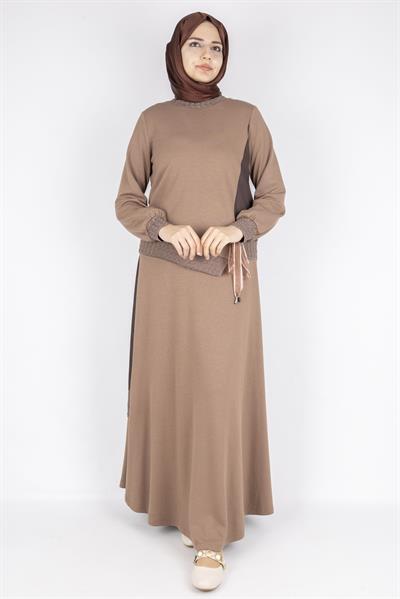 Orhan Store  Bağlamalı Kurdele Detaylı Tesettür Etekli Takım  Vizon OTW2644