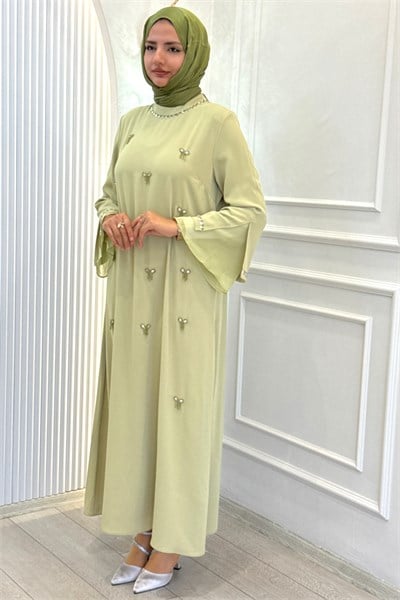 Orhan Store Büyük Beden Boncuk İşlemeli Şık Tesettür Elbise Su Yeşili OTW1903