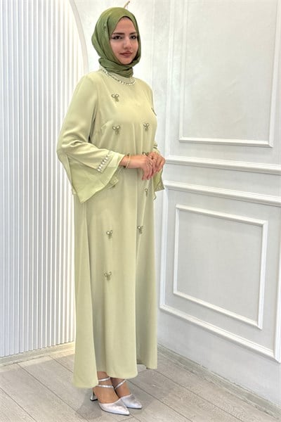 Orhan Store Büyük Beden Boncuk İşlemeli Şık Tesettür Elbise Su Yeşili OTW1903